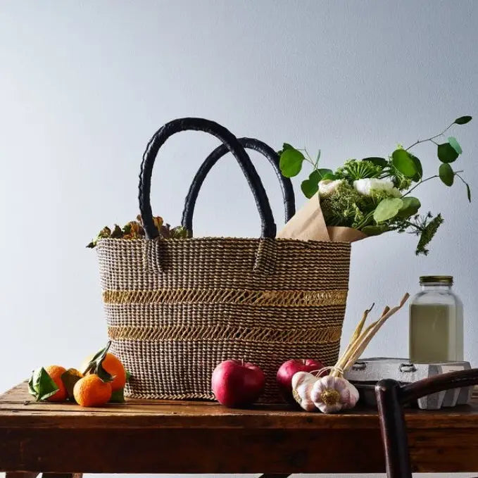 Heavy Duty African Basket - Ghana Bolga - Shopping Natural Basket Black & Tan