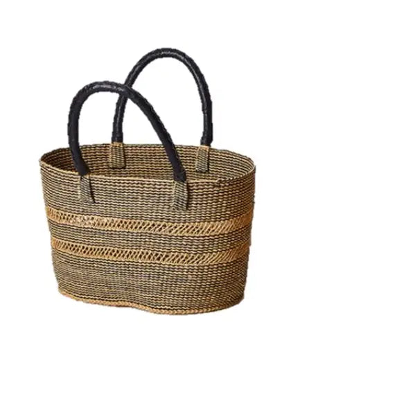 Heavy Duty African Basket - Ghana Bolga - Shopping Natural Basket Black & Tan